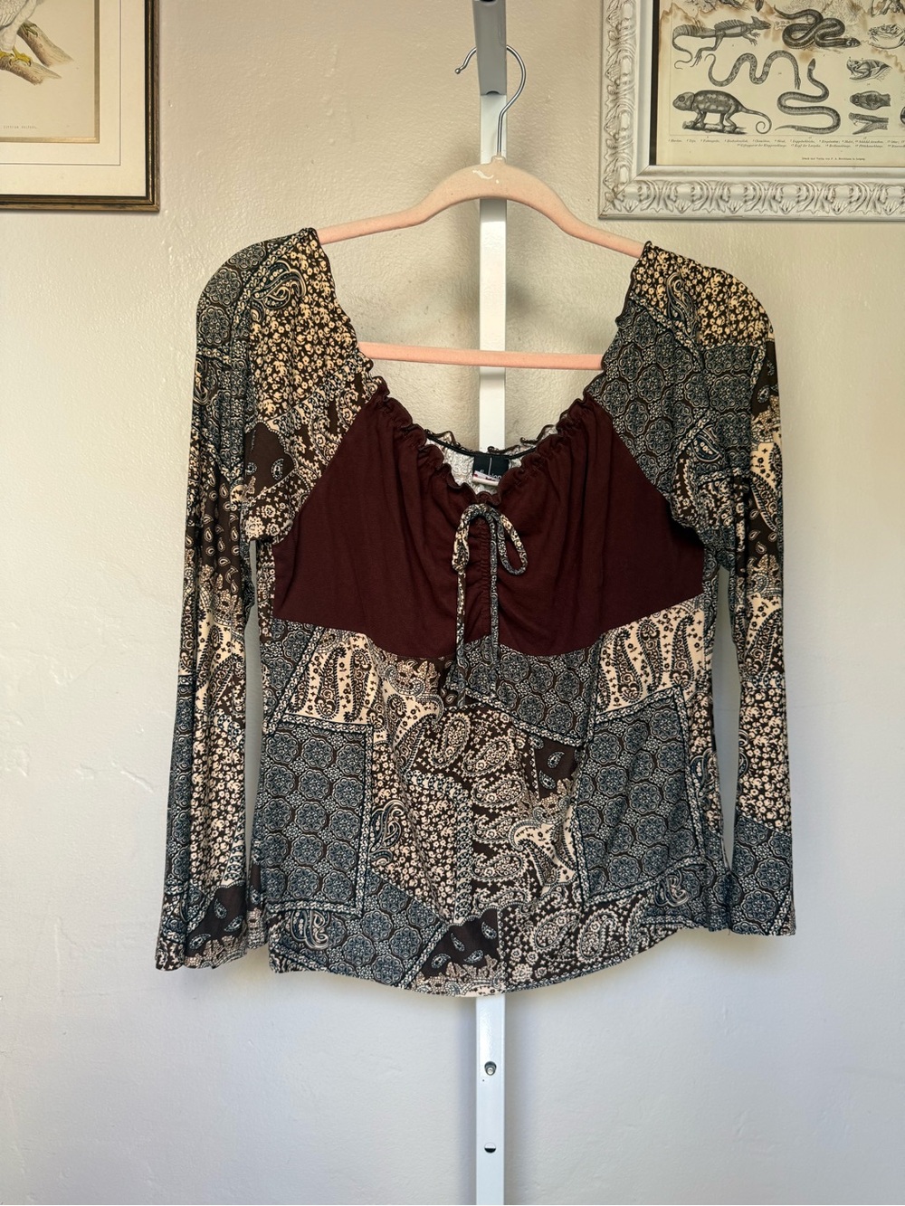 Vintage Y2K Boho Peasant Blouse in Burgundy and Mixed Paisley Made in USA XL